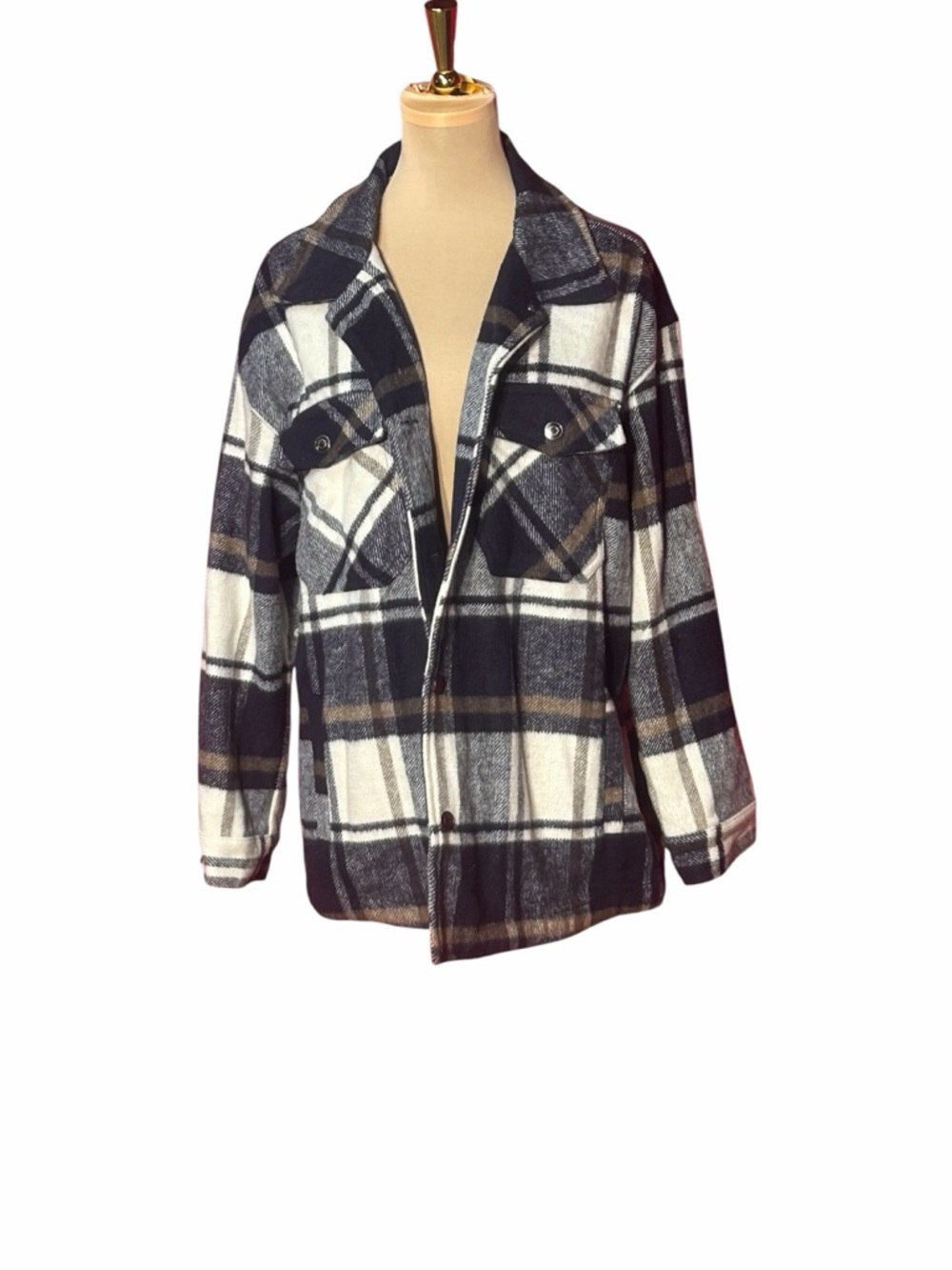 Ashley By 26 International Plaid Shacket Jacket Black White Large